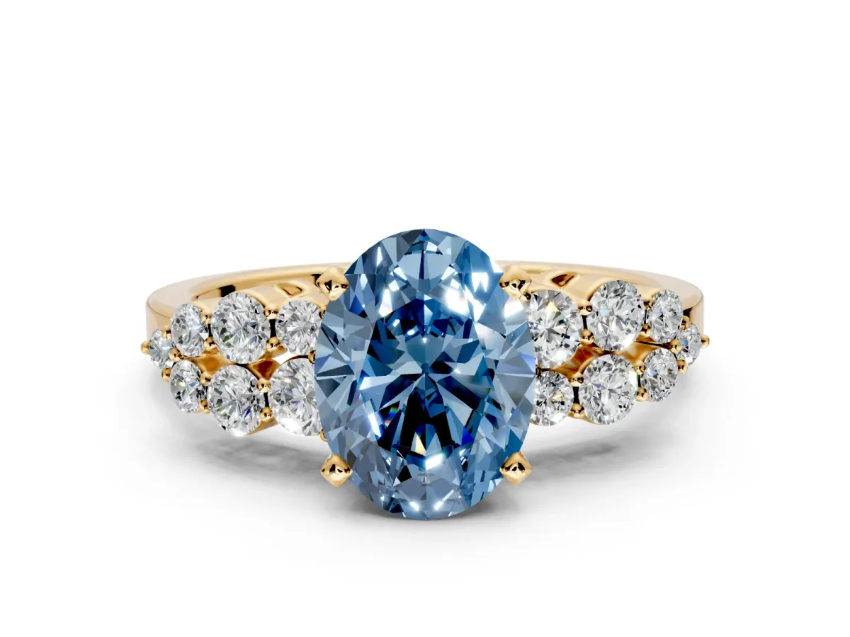 Cluster Engagement Ring Setting for Fancy Blue Oval Center with 2-Row Shoulder Clusters and Prong Head in Yellow Gold