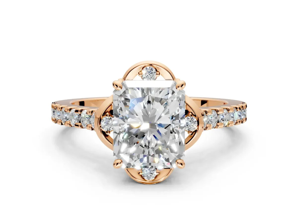 Floral Engagement Ring Setting for Radiant Cut Center with Pave Band and Floral Prong Head in Rose Gold