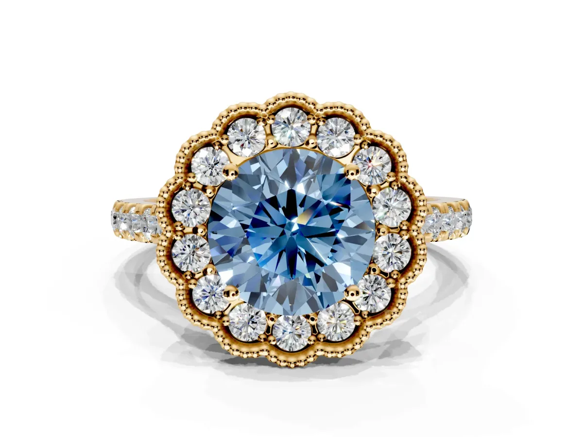 Milgrain Floral Halo Engagement Ring Setting for Fancy Blue Round Cut Center with Pave Band and Prong Head in Yellow Gold