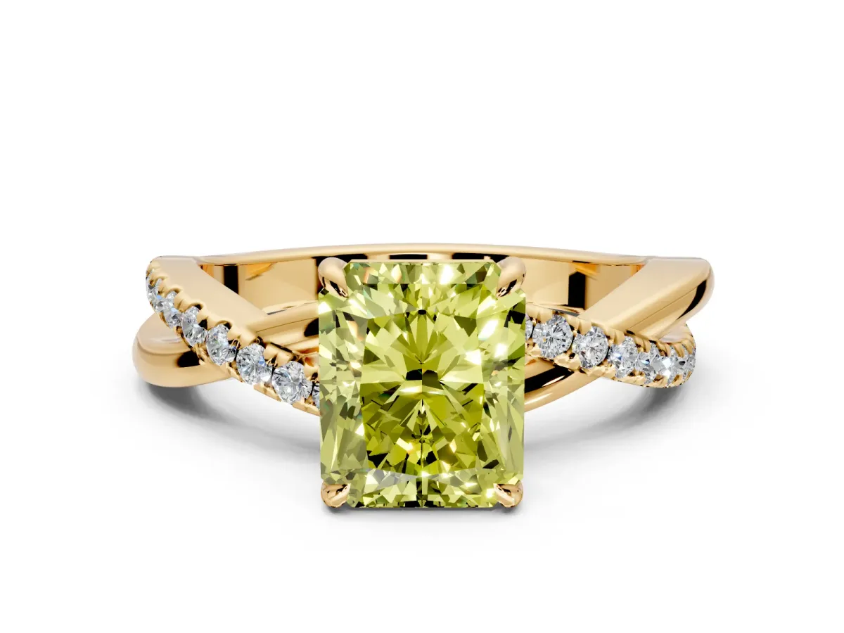 Crossover Engagement Ring Setting for Fancy Yellow Radiant Cut Center with Pave and Plain Strands and Prong Head in Yellow Gold