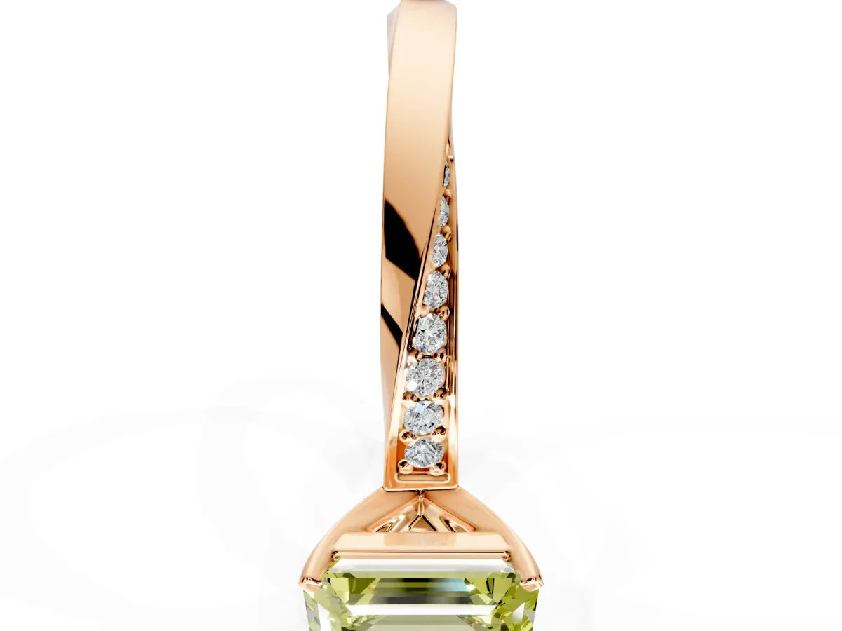 Side Accent Engagement Ring Setting for Fancy Yellow Emerald Cut Center with Accent Shoulders and Prong Head in Rose Gold