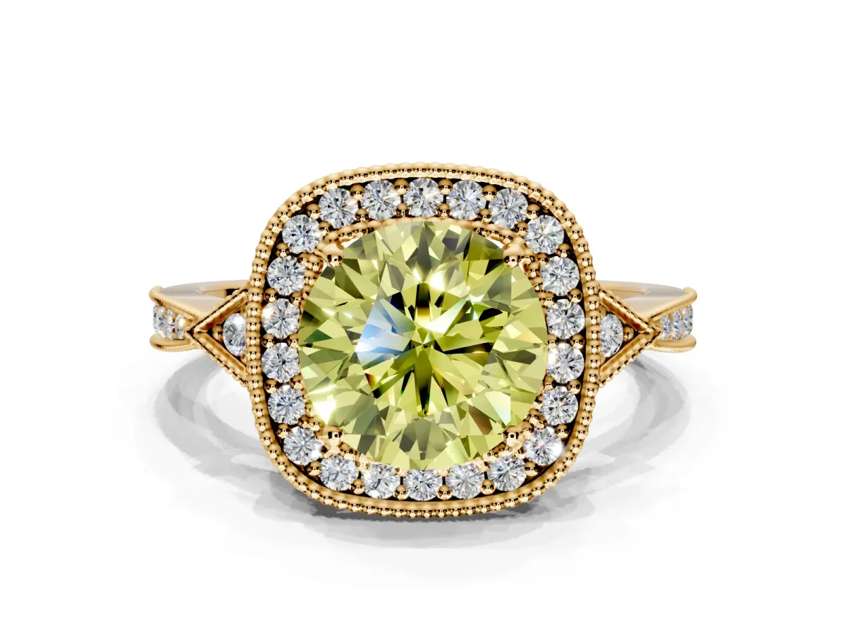 Halo Engagement Ring Setting for Fancy Yellow Round Cut Center with Milgrain Rim, Pave Band and Prong Head in Yellow Gold