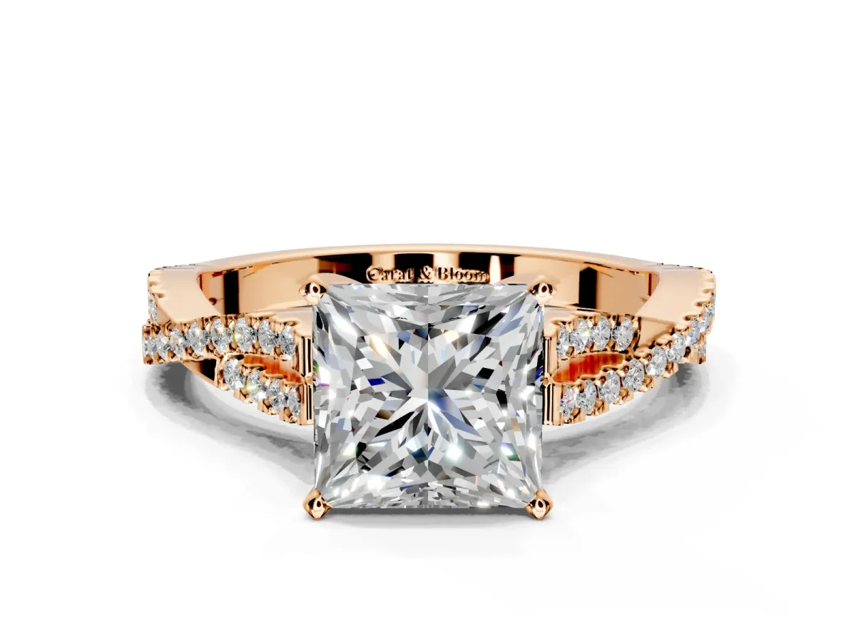 Solitaire Engagement Ring Setting for Princess Cut Center with Twisted Pave Split Shank and Prong Head in Rose Gold