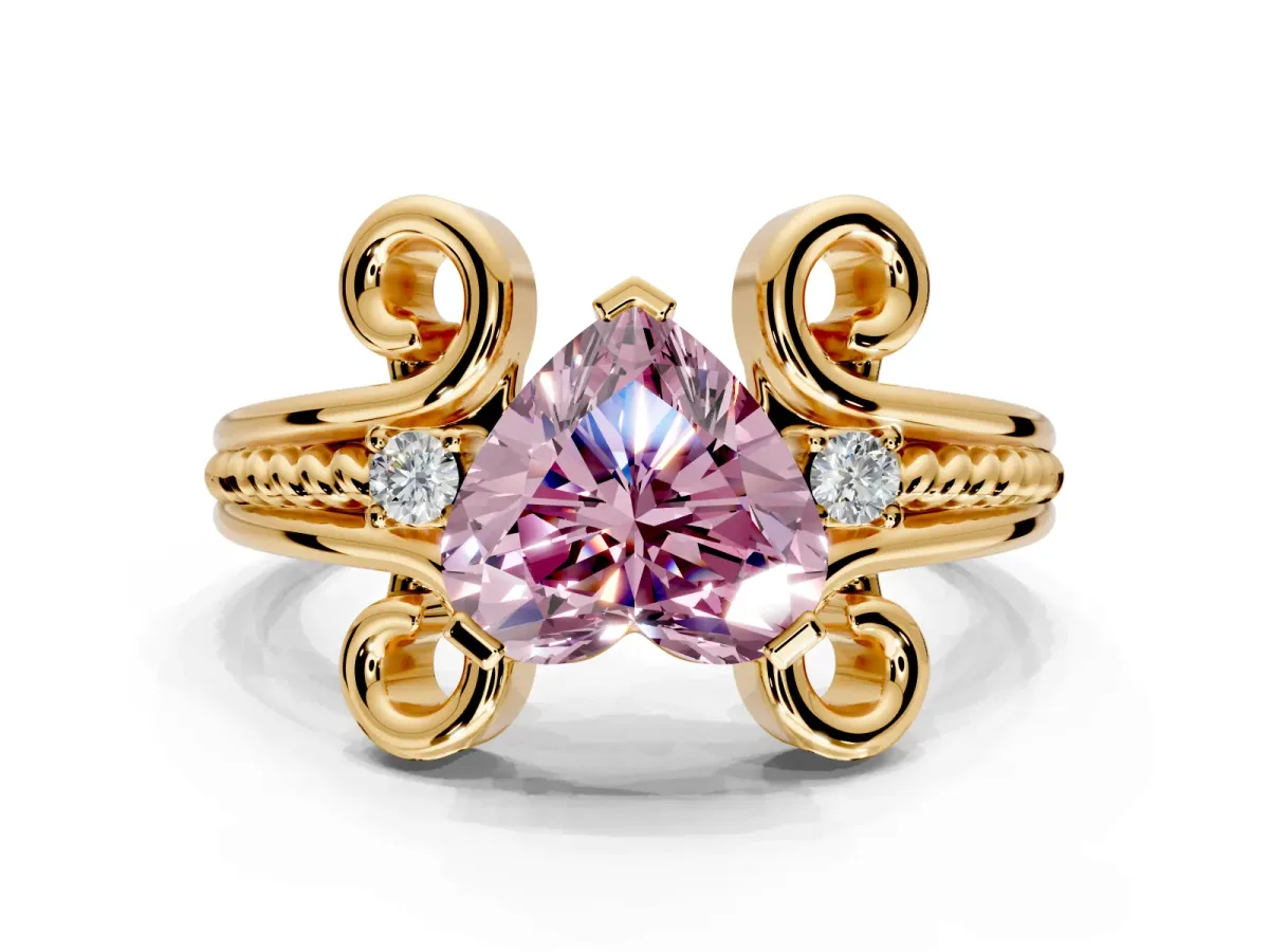 Solitaire Engagement Ring Setting for Fancy Pink Heart-Shaped Center with Twisted Band and Scroll Prong Head in Yellow Gold