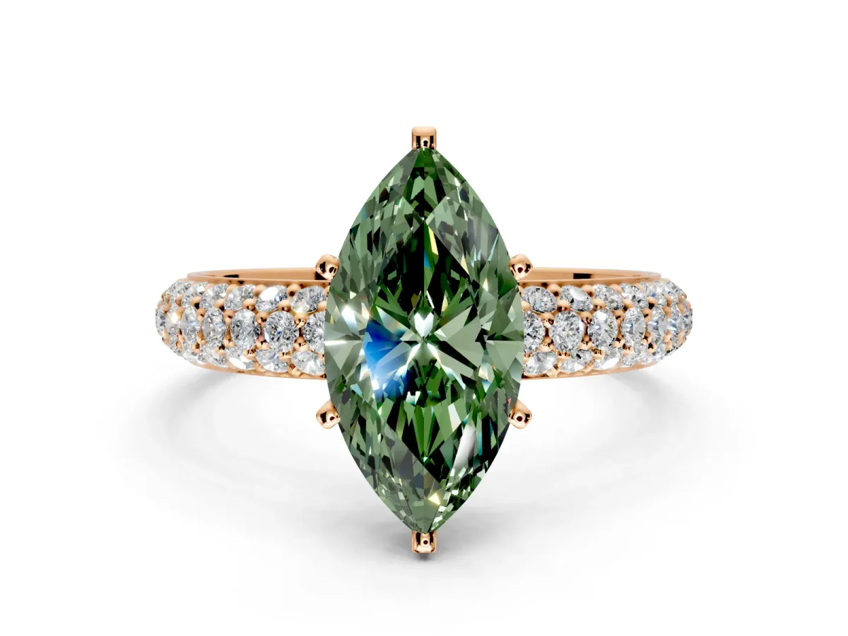 Solitaire Engagement Ring Setting for Fancy Green Marquise Center with Domed Multi-Row Pave Band and Prong Head in Rose Gold
