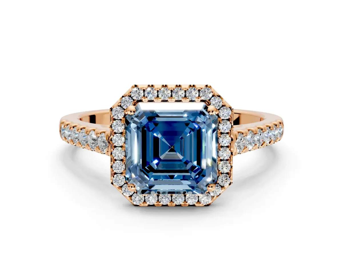 Halo Engagement Ring Setting for Fancy Blue Asscher Cut Center with Narrowing Pave Band and Prong Head in Rose Gold