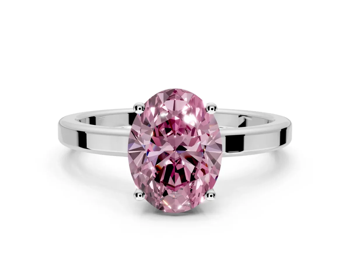 Hidden Halo Engagement Ring Setting for Fancy Pink Oval Center with Wide Flat Plain Band and Prong Head in Sterling Silver