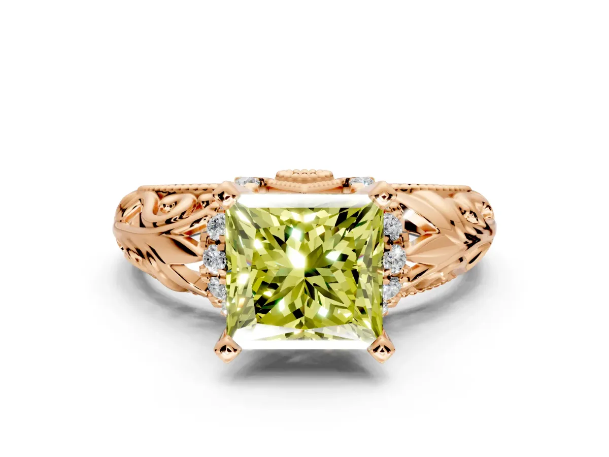 Solitaire Engagement Ring Setting for Fancy Yellow Princess Cut Center with Filigree Accent Basket and Prong Head in Rose Gold