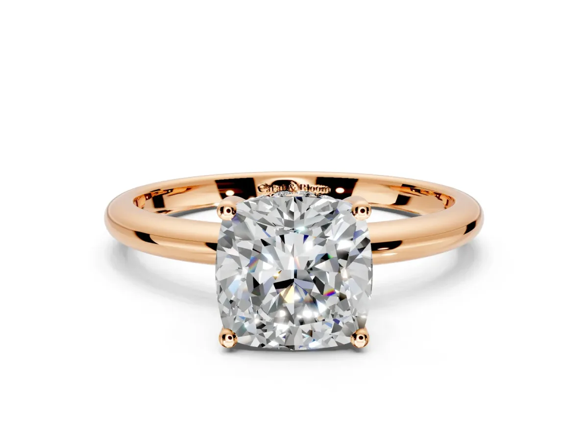 Hidden Halo Engagement Ring Setting for Cushion Cut Center with Thin Round-Wire Band and Prong Head in Rose Gold