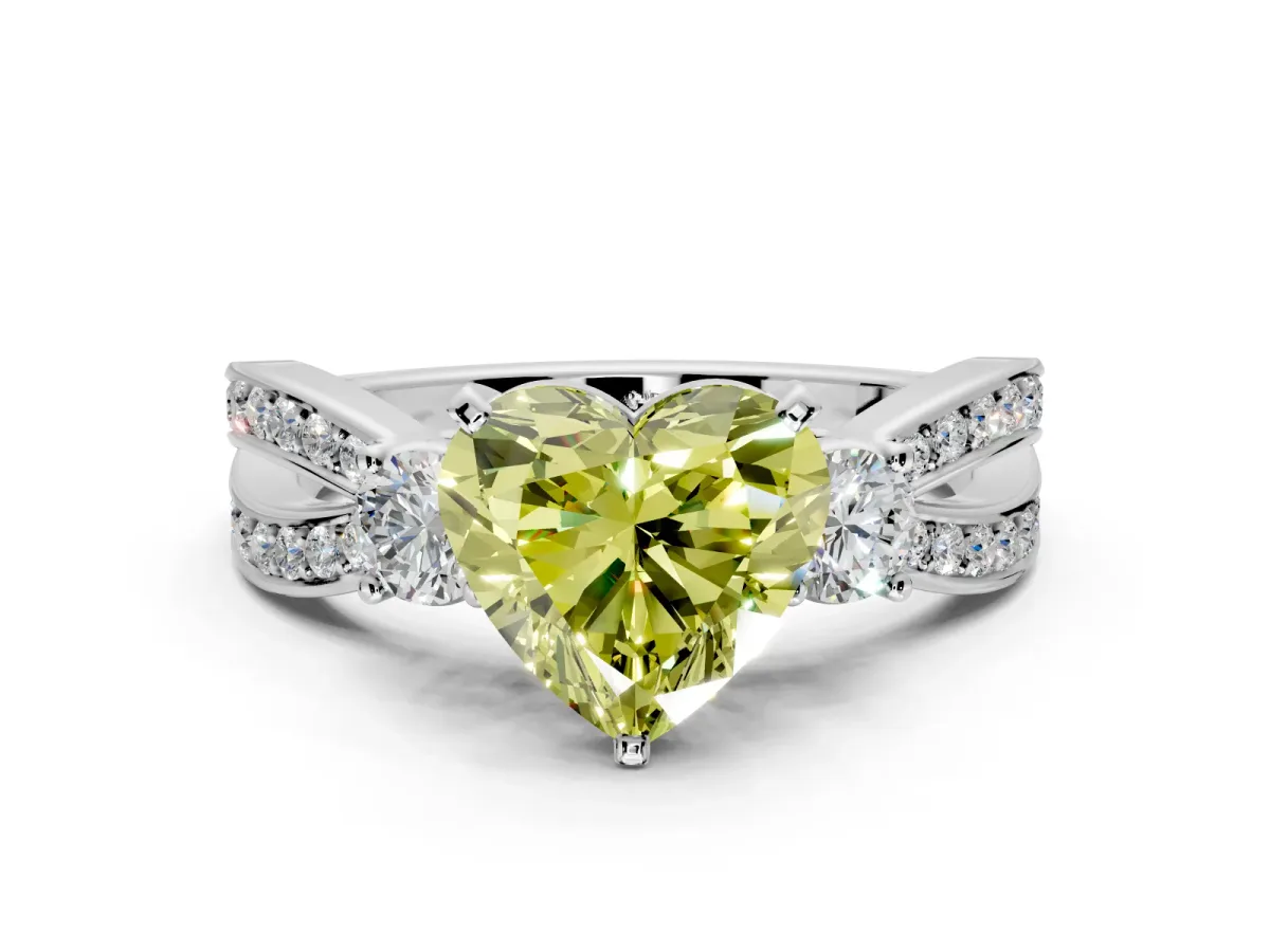 3 Stone Engagement Ring Setting for Fancy Yellow Heart-Shaped Center with Pave Twist Band and Prong Head in Sterling Silver