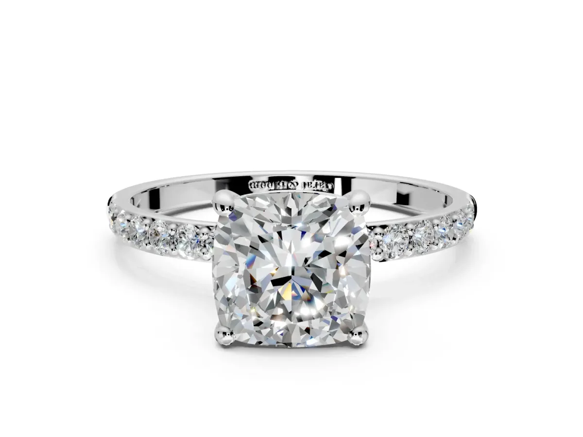 Solitaire Engagement Ring Setting for Cushion Cut Center with Pave Accents and Prong Head in White Gold