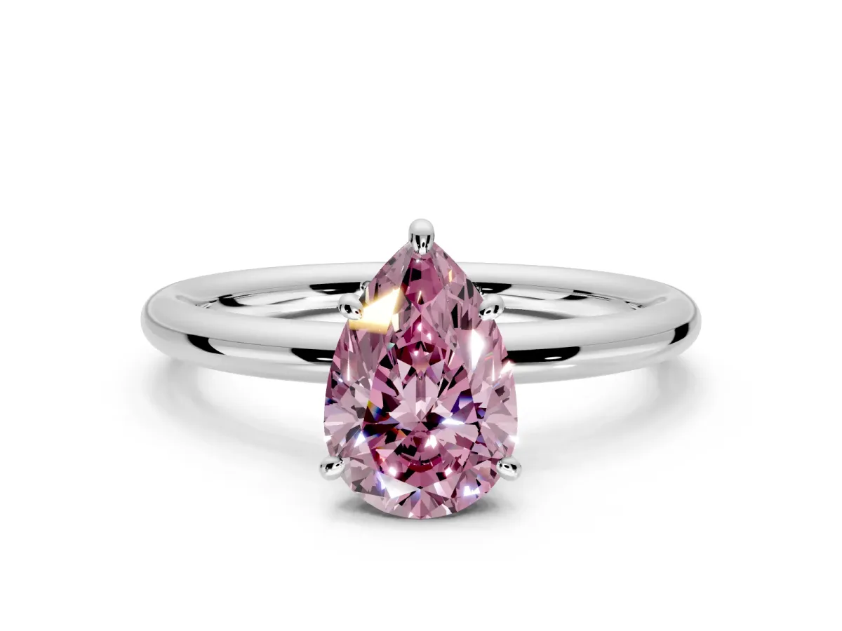 Low-Set Solitaire Engagement Ring Setting for Fancy Pink Pear-Shaped Center with Thin Plain Band and Prong Head in White Gold