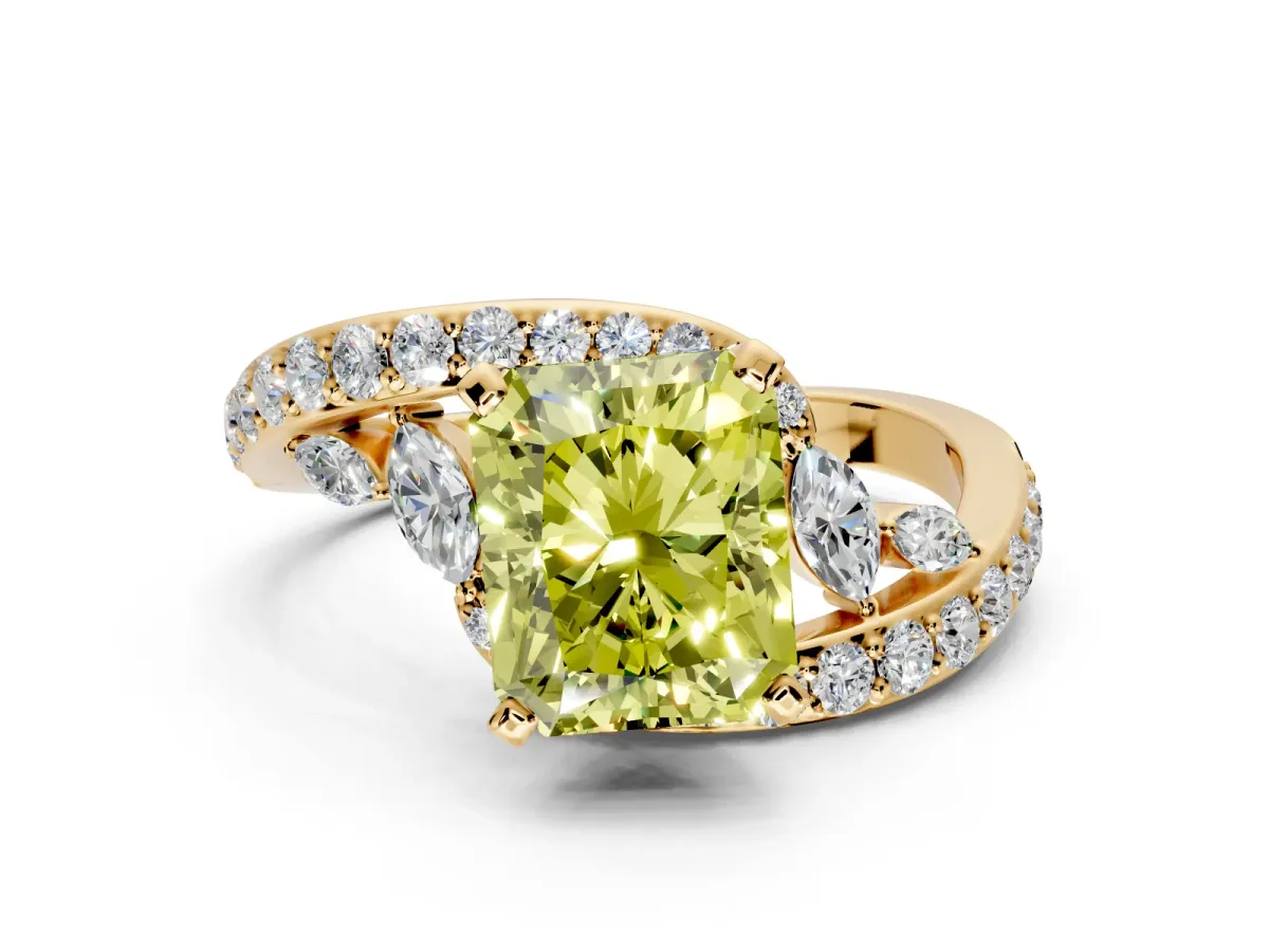 Solitaire Engagement Ring Setting for Fancy Yellow Radiant Cut Center with Pave Bypass Twist Band and Prong Head in Yellow Gold