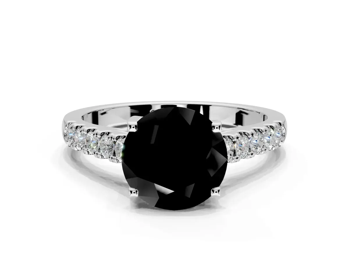 Solitaire Engagement Ring Setting for Fancy Black Round Cut Center with Partway Pave Band and Prong Head in Sterling Silver