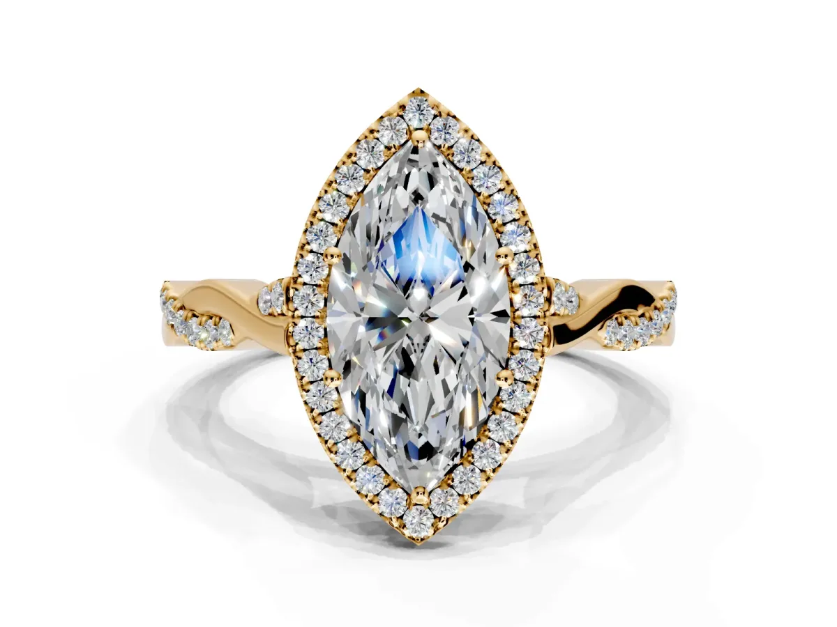 Halo Engagement Ring Setting for Marquise Center with Twist Band and Prong Head in Yellow Gold
