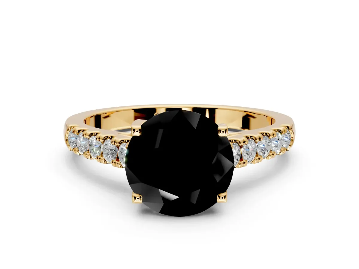 Solitaire Engagement Ring Setting for Fancy Black Round Cut Center with Partway Pave Band and Prong Head in Yellow Gold