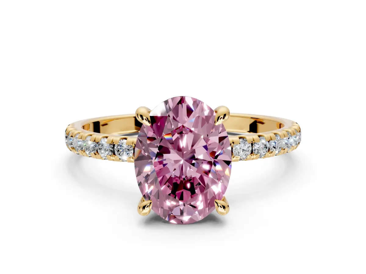 Solitaire Engagement Ring Setting for Fancy Pink Oval Center with Fine Pave Narrow Band and Prong Head in Yellow Gold