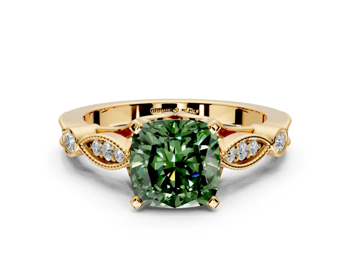 Solitaire Engagement Ring Setting for Fancy Green Cushion Cut Center with Marquise and Bezel Accents and Prong Head in Yellow Gold