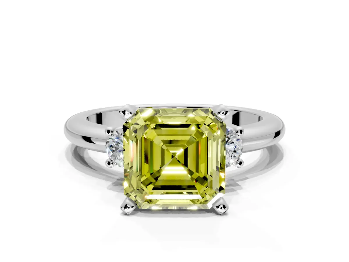 3 Stone Engagement Ring Setting for Fancy Yellow Asscher Cut Center with Wide Plain Band and Prong Head in Platinum