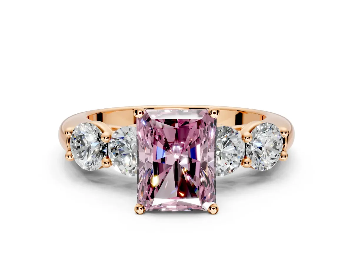 5 Stone Engagement Ring Setting for Fancy Pink Radiant Cut Center with Graduated Accents and Prong Head in Rose Gold