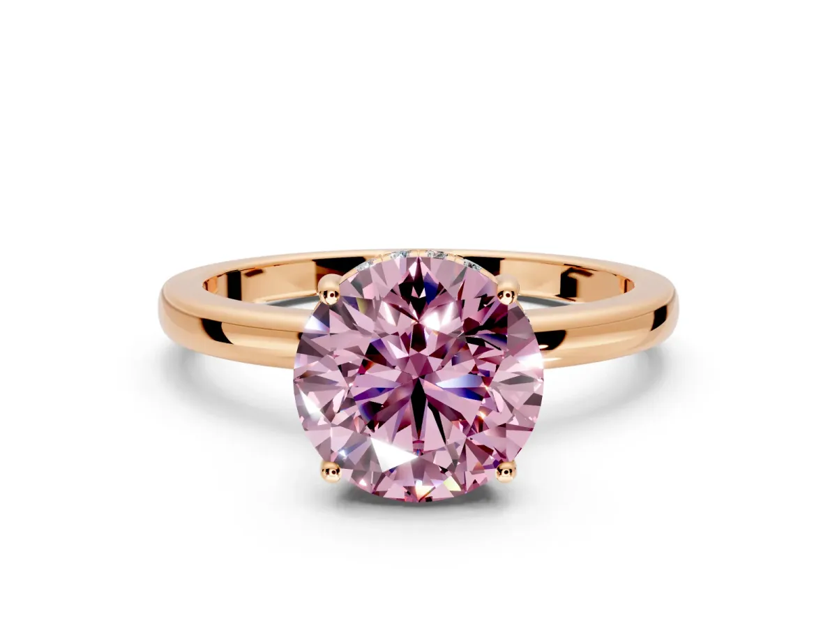 Solitaire Engagement Ring Setting for Fancy Pink Round Cut Center with Fine Wire Band and Prong Head in Rose Gold