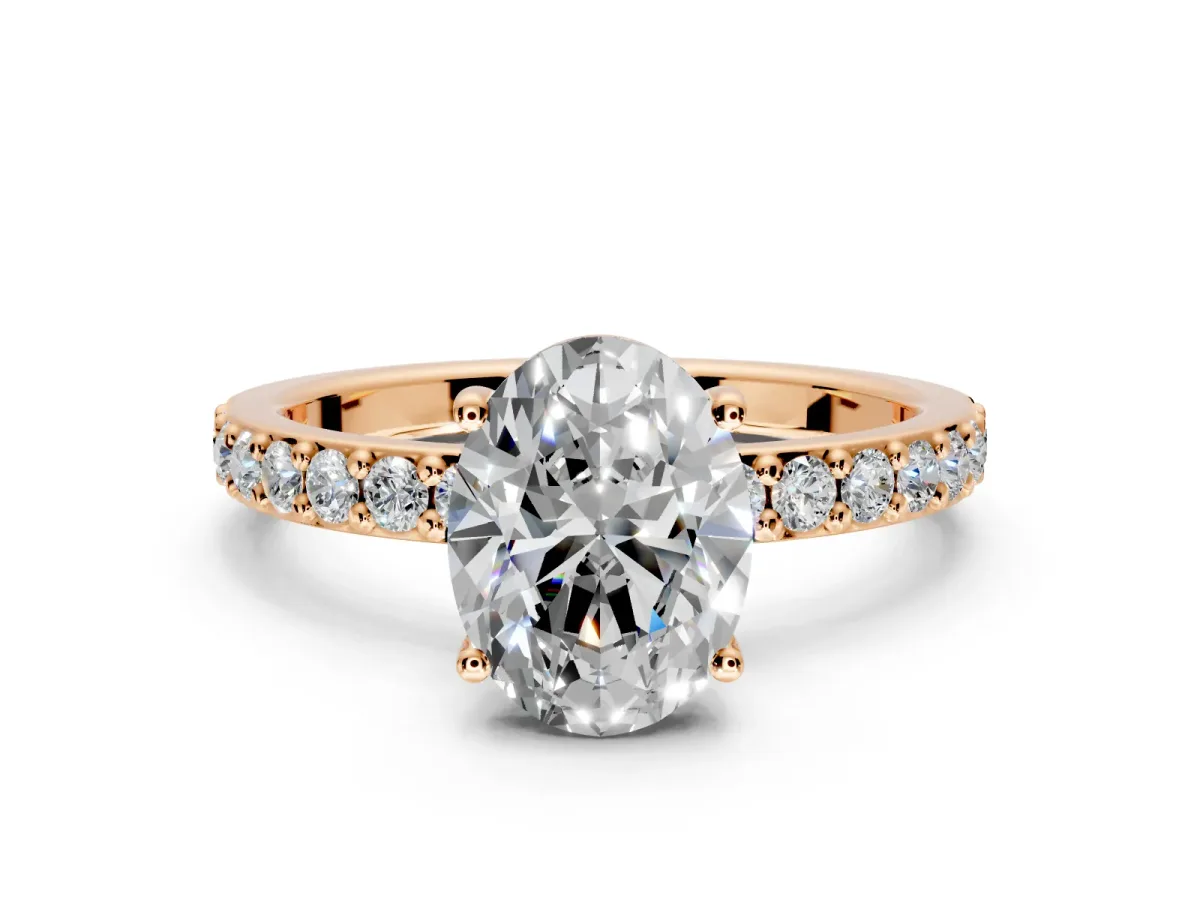 Solitaire Engagement Ring Setting for Oval Center with Round Cut Pave Band and Prong Head in Rose Gold