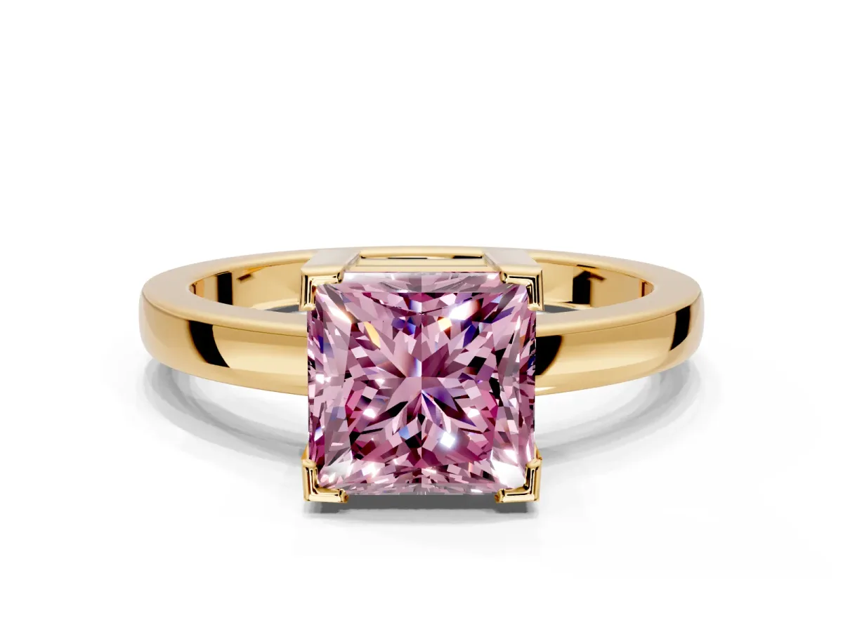 Solitaire Engagement Ring Setting for Fancy Pink Princess Cut Center with Plain Band and Flat Tab Prong Head in Yellow Gold