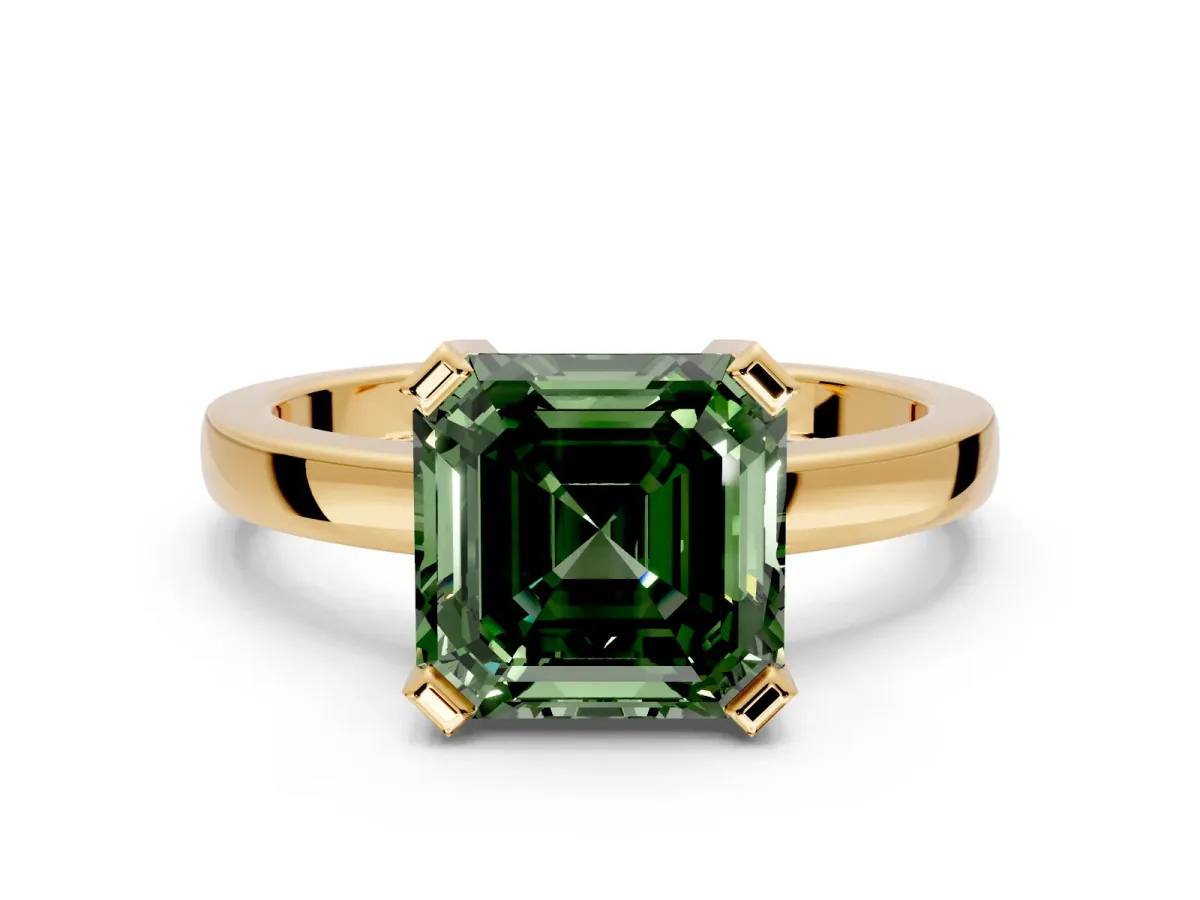 Solitaire Engagement Ring Setting for Fancy Green Asscher Cut Center with Plain Band and Flat Tab Prong Head in Yellow Gold