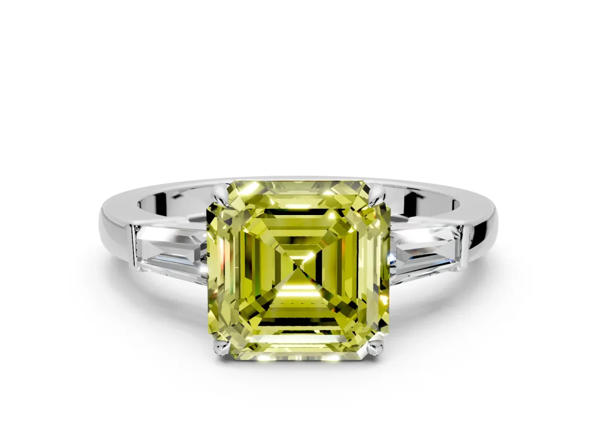 3 Stone Engagement Ring Setting for Fancy Yellow Asscher Cut Center with Baguette Accents and Prong Head in Platinum