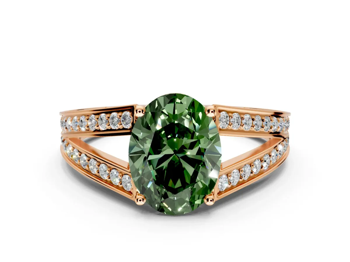Split Shank Engagement Ring Setting for Fancy Green Oval Center with Pave Split Shank and Prong Head in Rose Gold