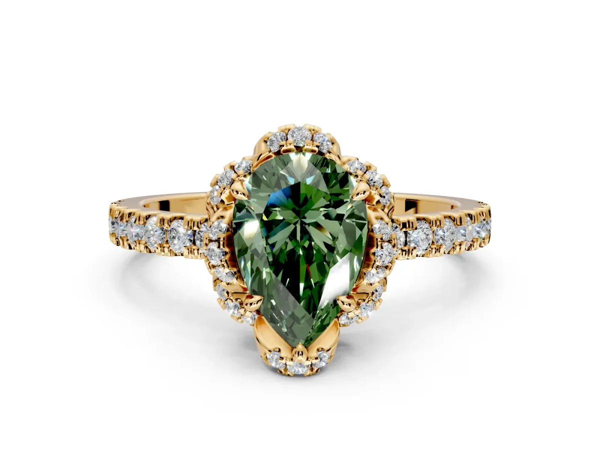 Halo Engagement Ring Setting for Fancy Green Pear-Shaped Center with Openwork Halo, Pave Band and Prong Head in Yellow Gold