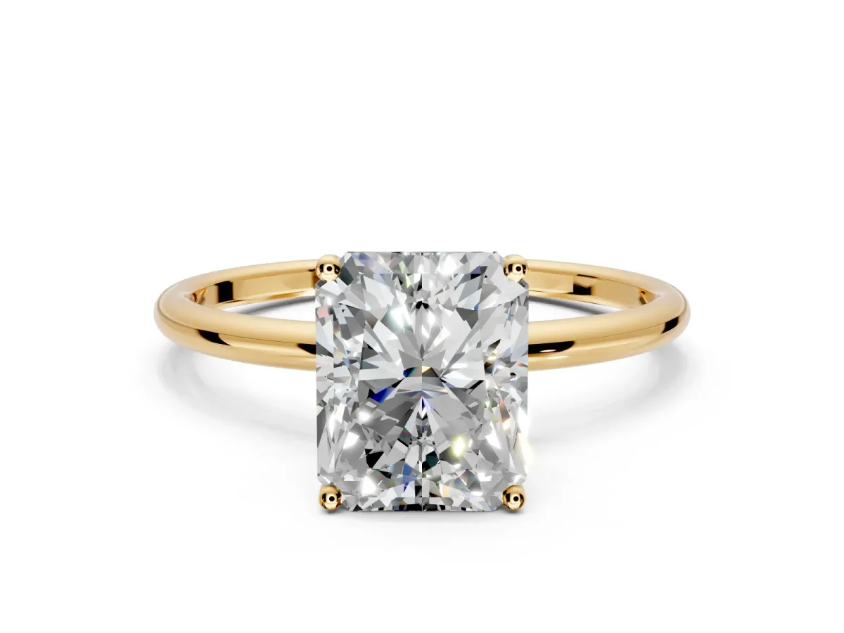 Solitaire Engagement Ring Setting for Radiant Cut Center with Straight Thin Band and Prong Head in Yellow Gold