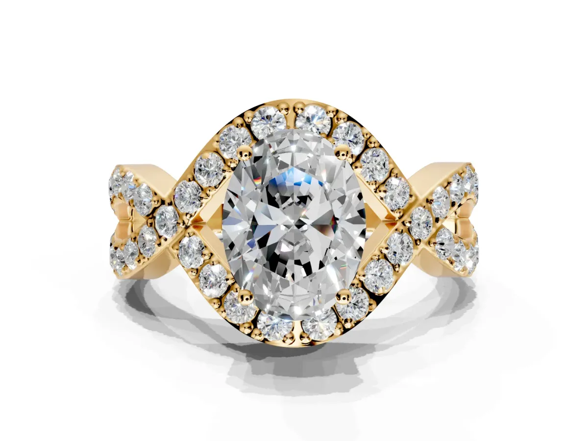 Halo Engagement Ring Setting for Oval Center with Pave Infinity Twist Band and Prong Head in Yellow Gold