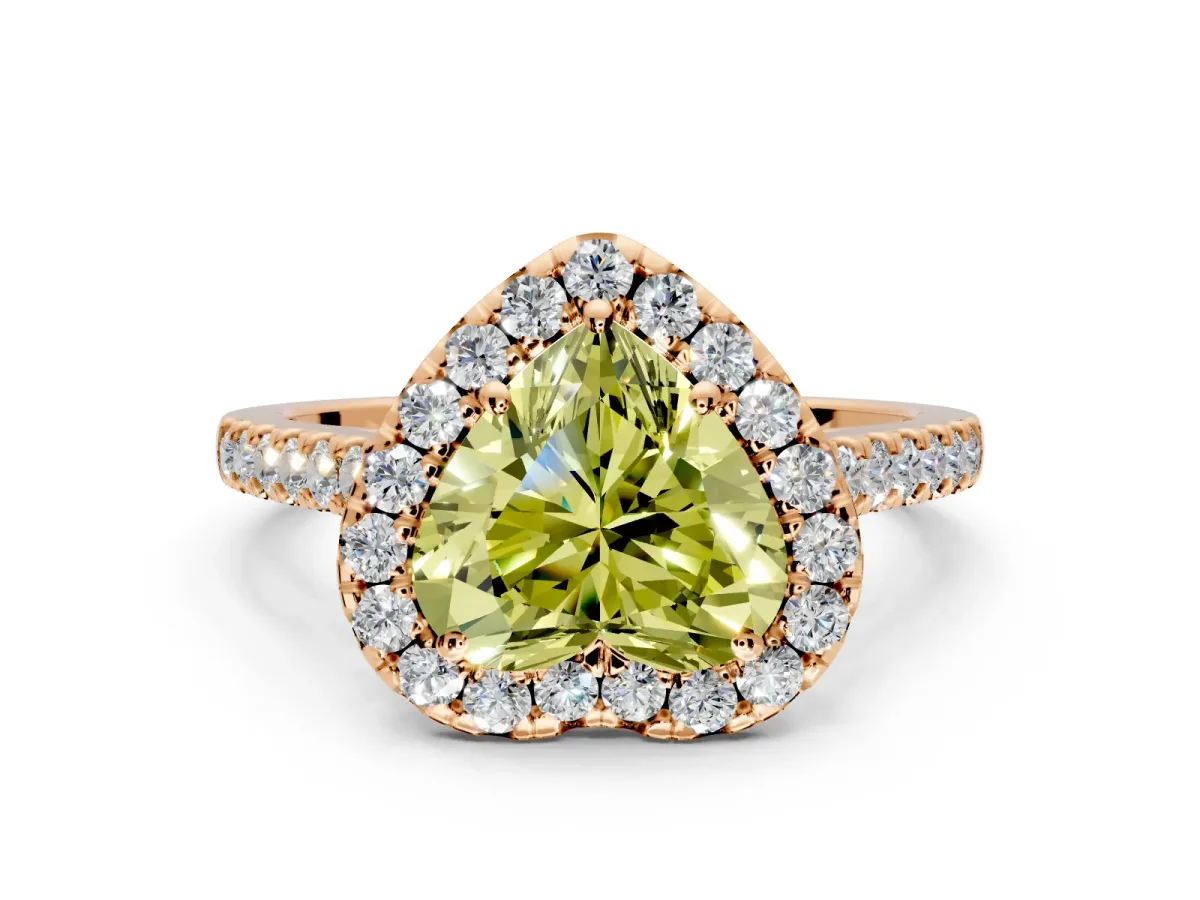 Halo Engagement Ring Setting for Fancy Yellow Heart-Shaped Center with Narrowing Pave Band and Prong Head in Rose Gold
