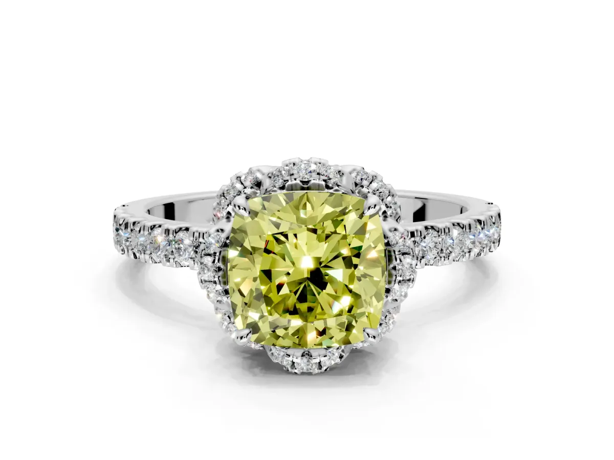 Halo Engagement Ring Setting for Fancy Yellow Cushion Cut Center with Openwork Halo, Pave Band and Prong Head in Sterling Silver
