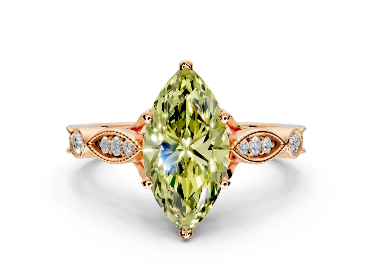 Solitaire Engagement Ring Setting for Fancy Yellow Marquise Center with Marquise and Bezel Accents and Prong Head in Rose Gold