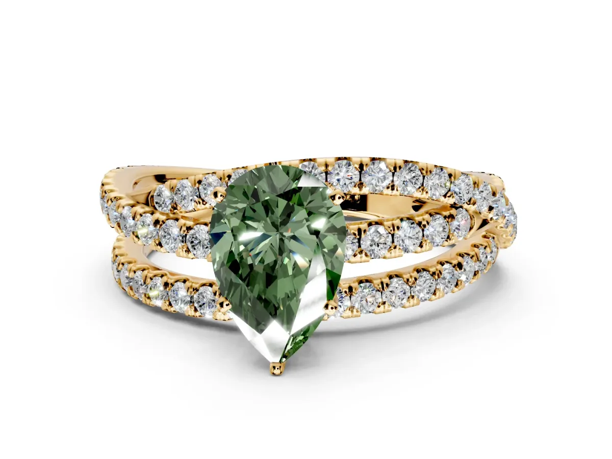 Solitaire Engagement Ring Setting for Fancy Green Pear-Shaped Center with Woven 3-Strand Pave Band and Prong Head in Yellow Gold