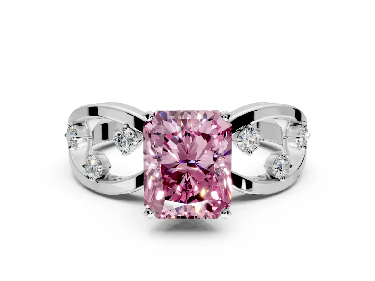 Solitaire Engagement Ring Setting for Fancy Pink Radiant Cut Center with Criss-Cross Accent Band and Prong Head in Platinum