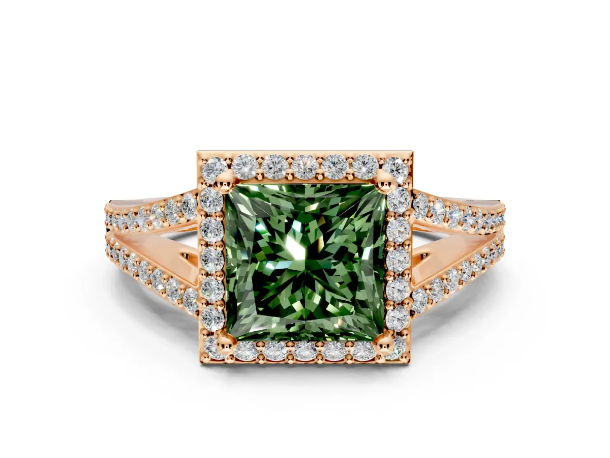 Halo Engagement Ring Setting for Fancy Green Princess Cut Center with Pave Split Shank and Prong Head in Rose Gold