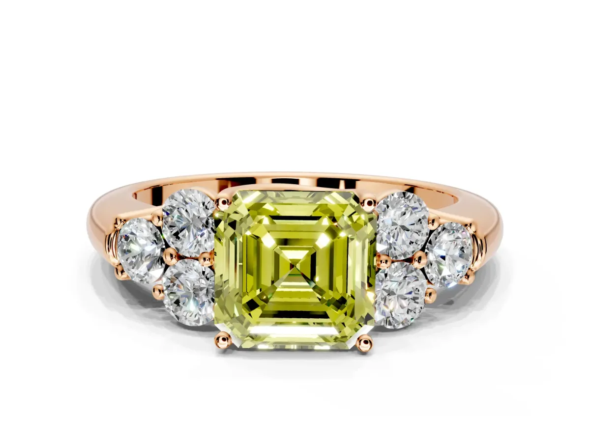 Cluster Engagement Ring Setting for Fancy Yellow Asscher Cut Center with Round Cut Accent Frame and Prong Head in Rose Gold