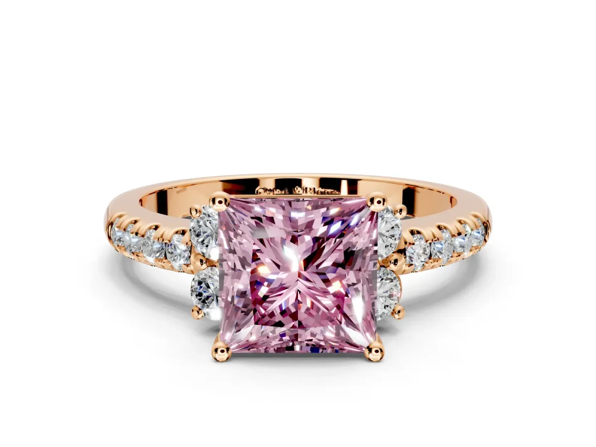Paired Accent Engagement Ring Setting for Fancy Pink Princess Cut Center with Pave Band and Prong Head in Rose Gold