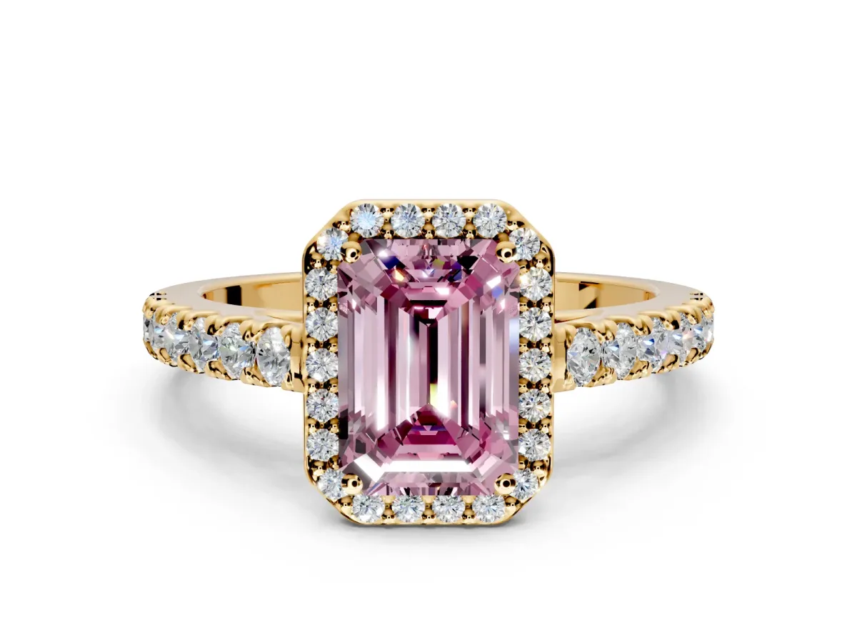 Halo Engagement Ring Setting for Fancy Pink Emerald Cut Center with Full Pave Band and Prong Head in Yellow Gold