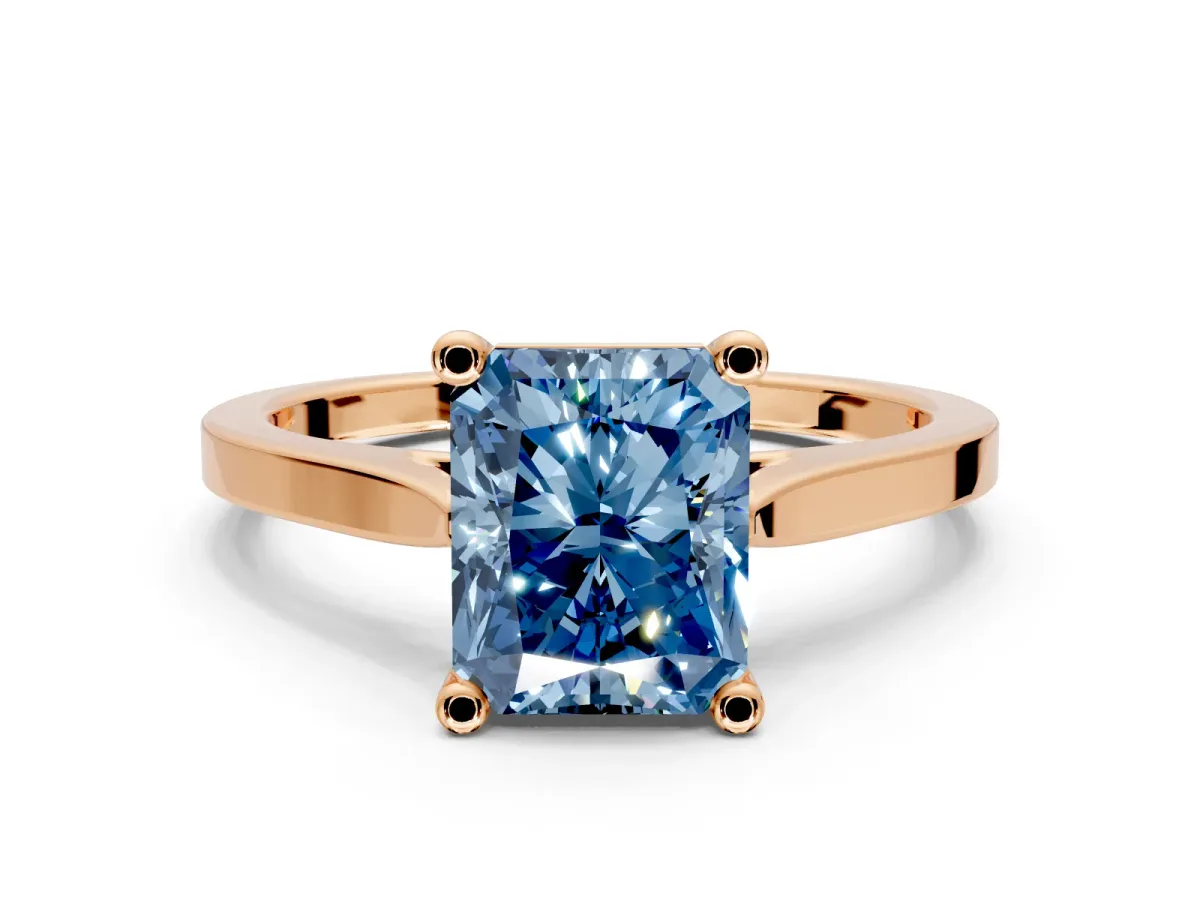 Solitaire Engagement Ring Setting for Fancy Blue Radiant Cut Center with Tapered Shoulders and Prong Head in Rose Gold