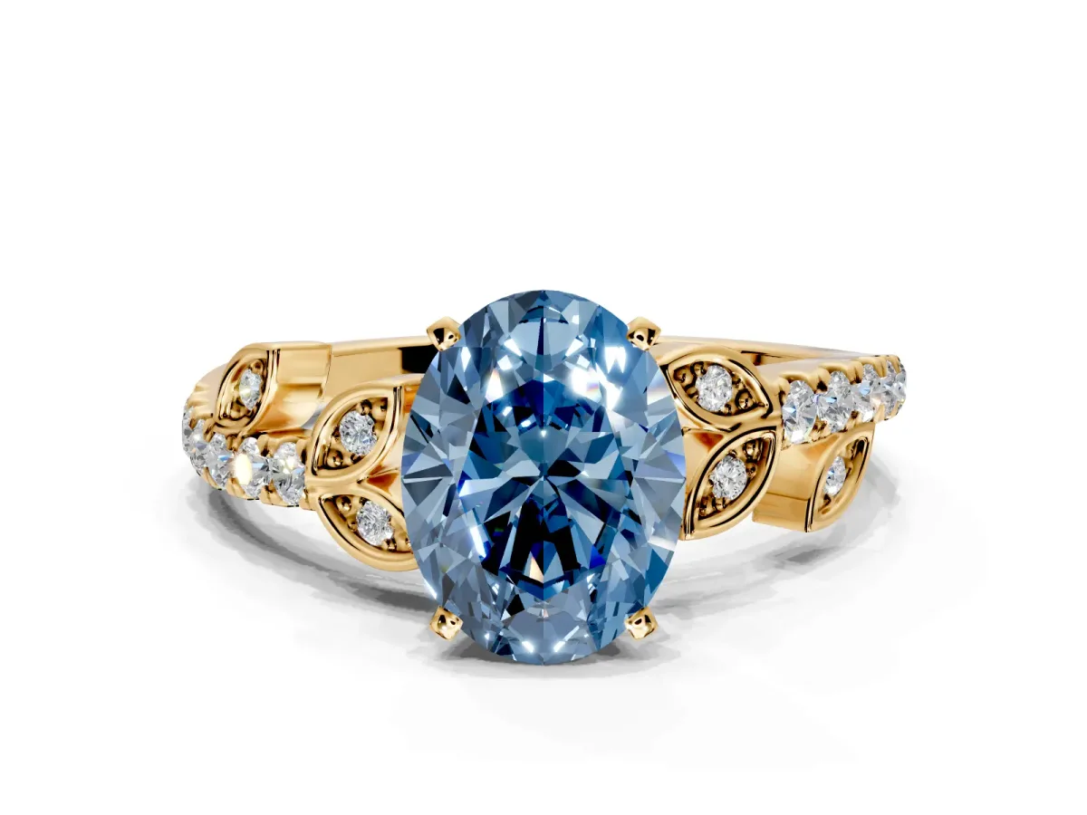 Leaf Motif Engagement Ring Setting for Fancy Blue Oval Center with Pave Band and Prong Head in Yellow Gold