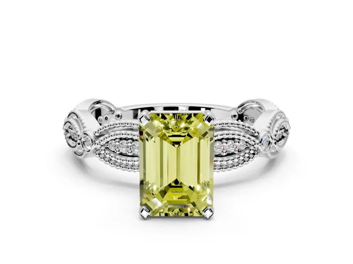 Solitaire Engagement Ring Setting for Fancy Yellow Emerald Cut Center with Marquise Panel Band and Prong Head in Sterling Silver