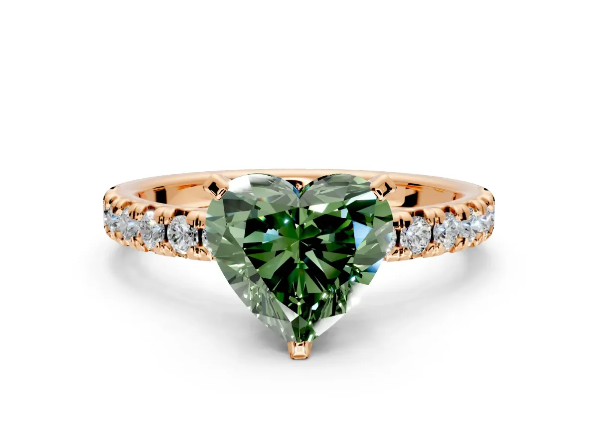 Solitaire Engagement Ring Setting for Fancy Green Heart-Shaped Center with Large Accents and Prong Head in Rose Gold