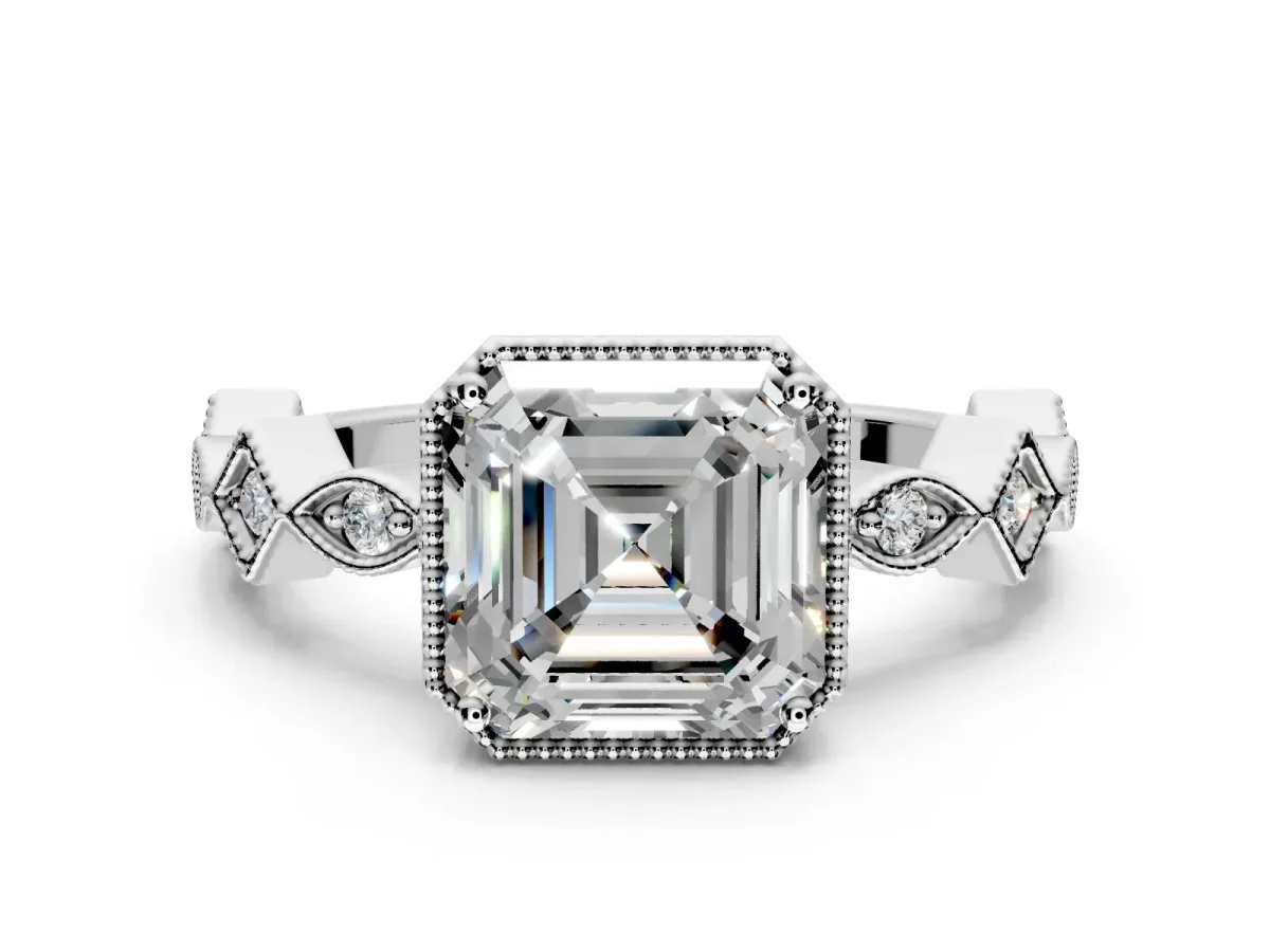 Milgrain Bezel Engagement Ring Setting for Asscher Cut Center with Marquise Stations and Bezel Head in Platinum