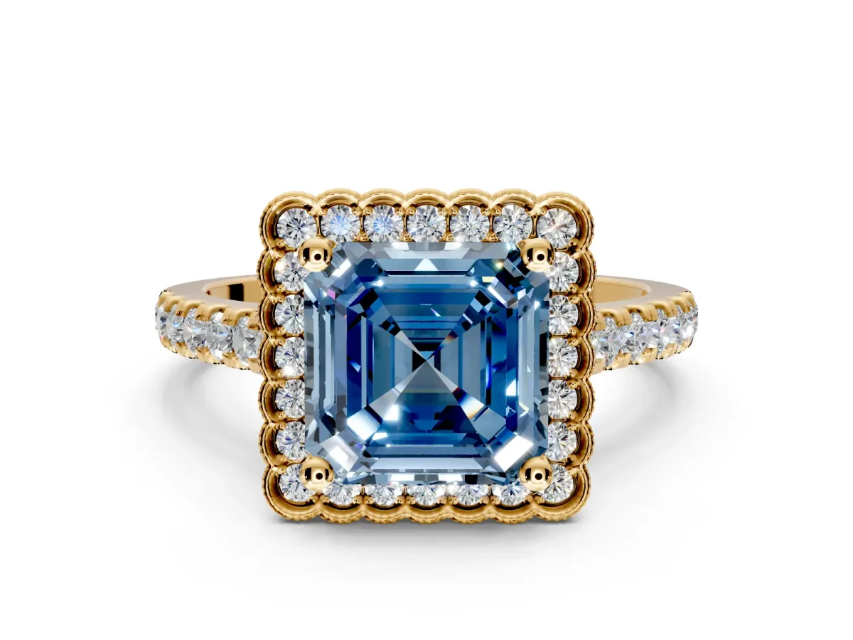 Milgrain Floral Halo Engagement Ring Setting for Fancy Blue Asscher Cut Center with Pave Band and Prong Head in Yellow Gold