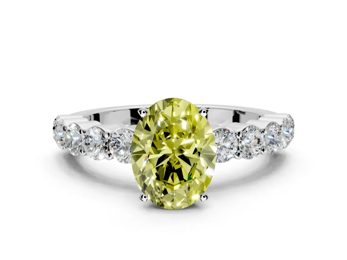 Shared-Prong Engagement Ring Setting for Fancy Yellow Oval Center with Graduated Accents and Prong Head in White Gold