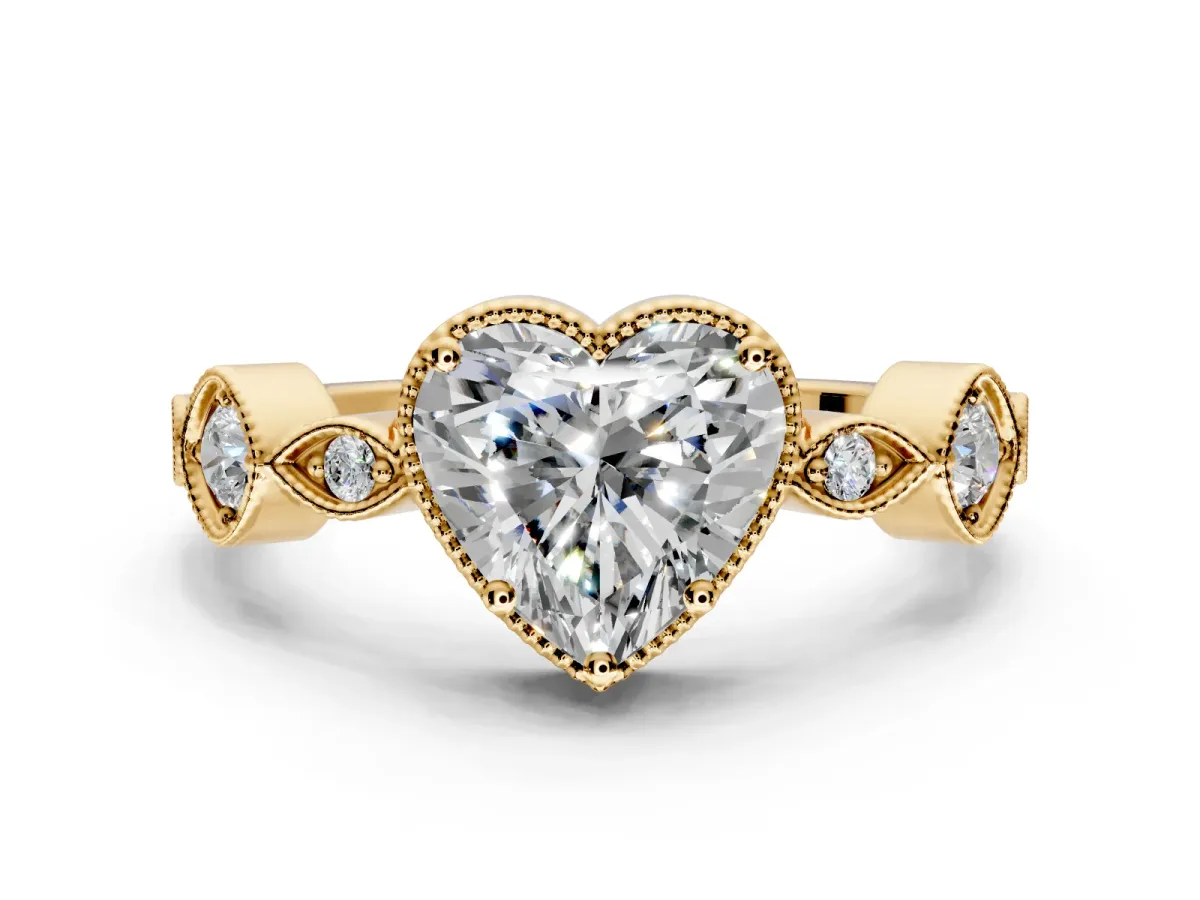 Vintage Station Engagement Ring Setting for Heart-Shaped Center with Accents and Prong Head in Yellow Gold